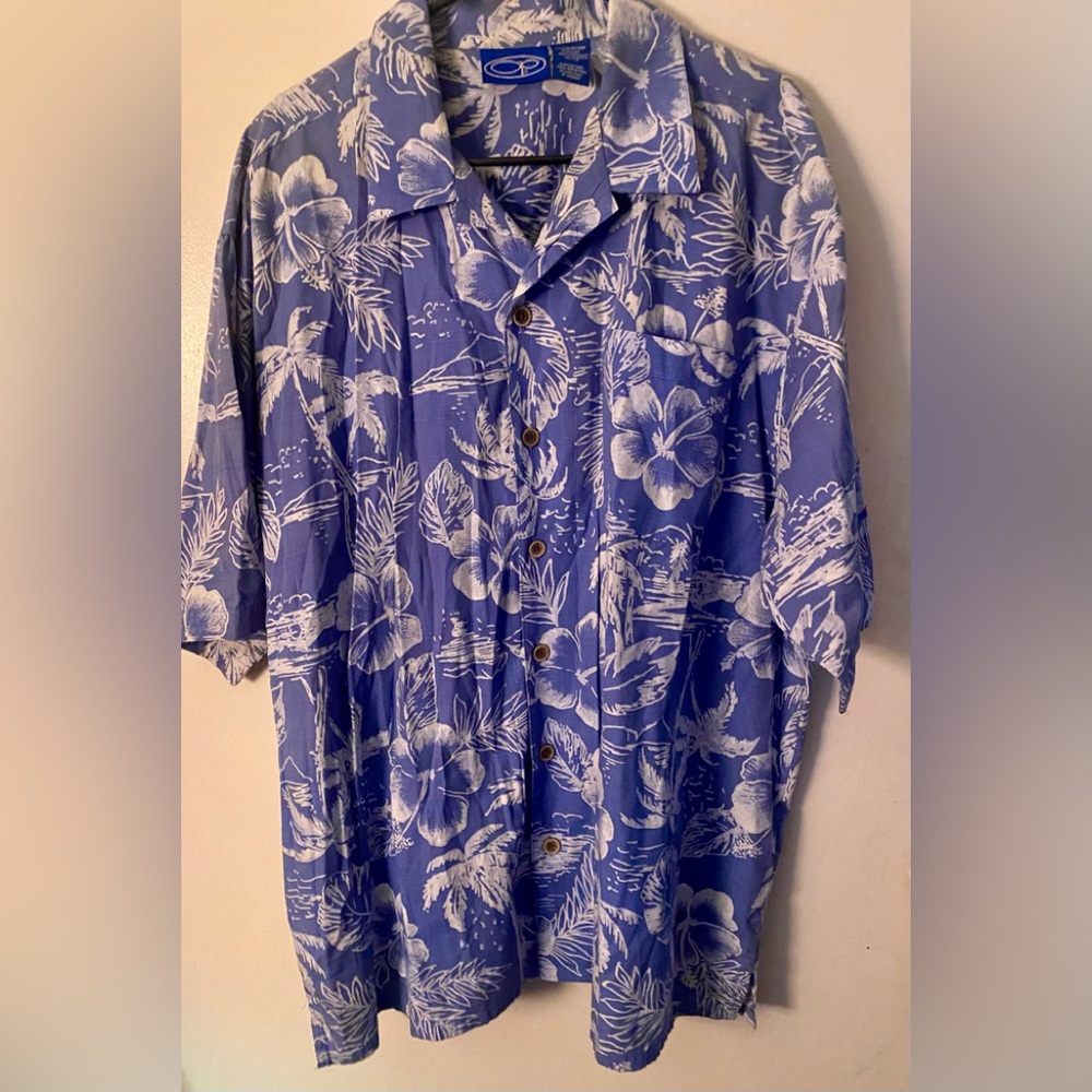 OP Blue White Casual Button Down Short Sleeve Hawaiian Shirt Palm Trees Hibiscus